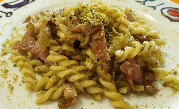 Penne with Smoked Bacon and Pistachio