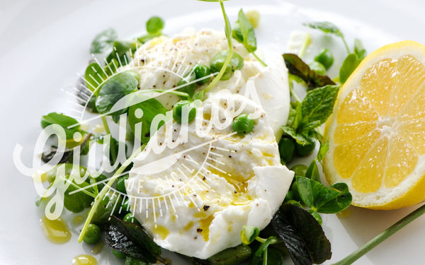 Buffalo Mozzarella with Peas, Broad Beans, Mint, Lemon and Guiliano's Olive Oil